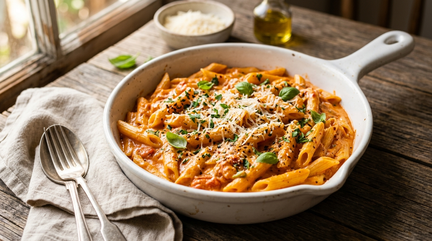 Overhead shot of a white ceramic pan filled with creamy orange tomato pasta,