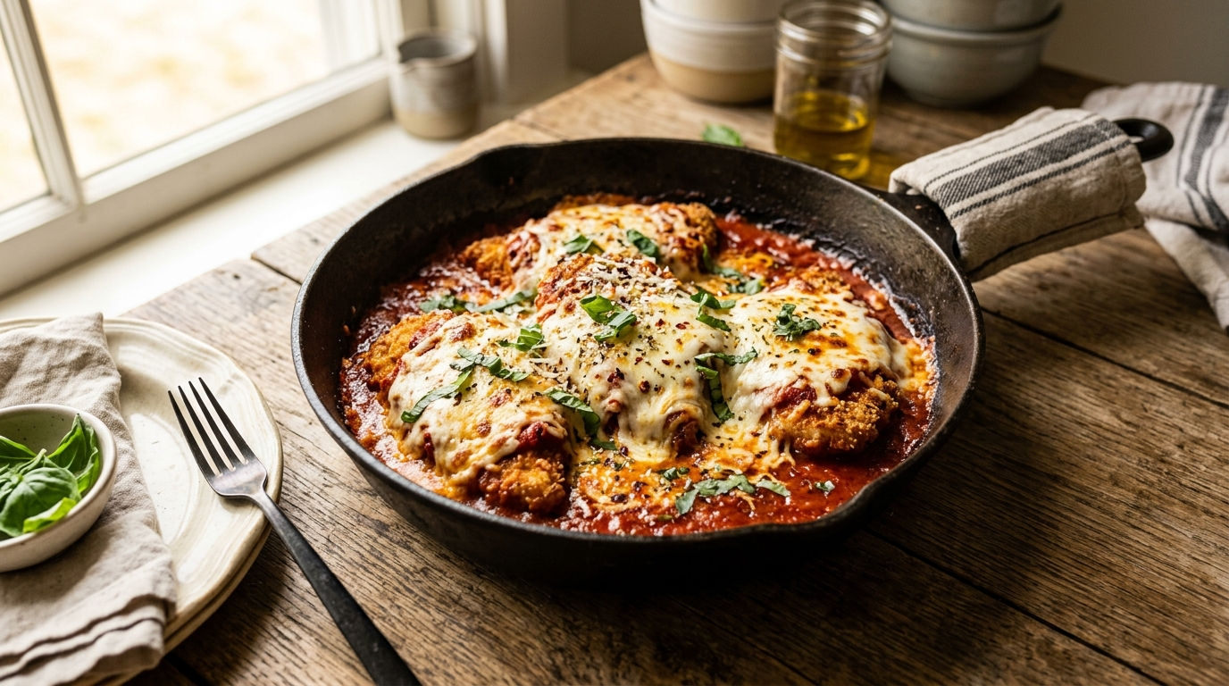 20-minute one-pan chicken parmesan with melted mozzarella, jarred marinara,