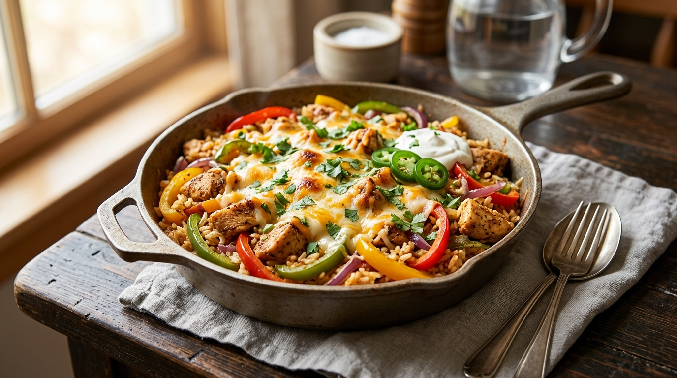 20-minute one-pan cheesy chicken fajita rice skillet with frozen rainbow
