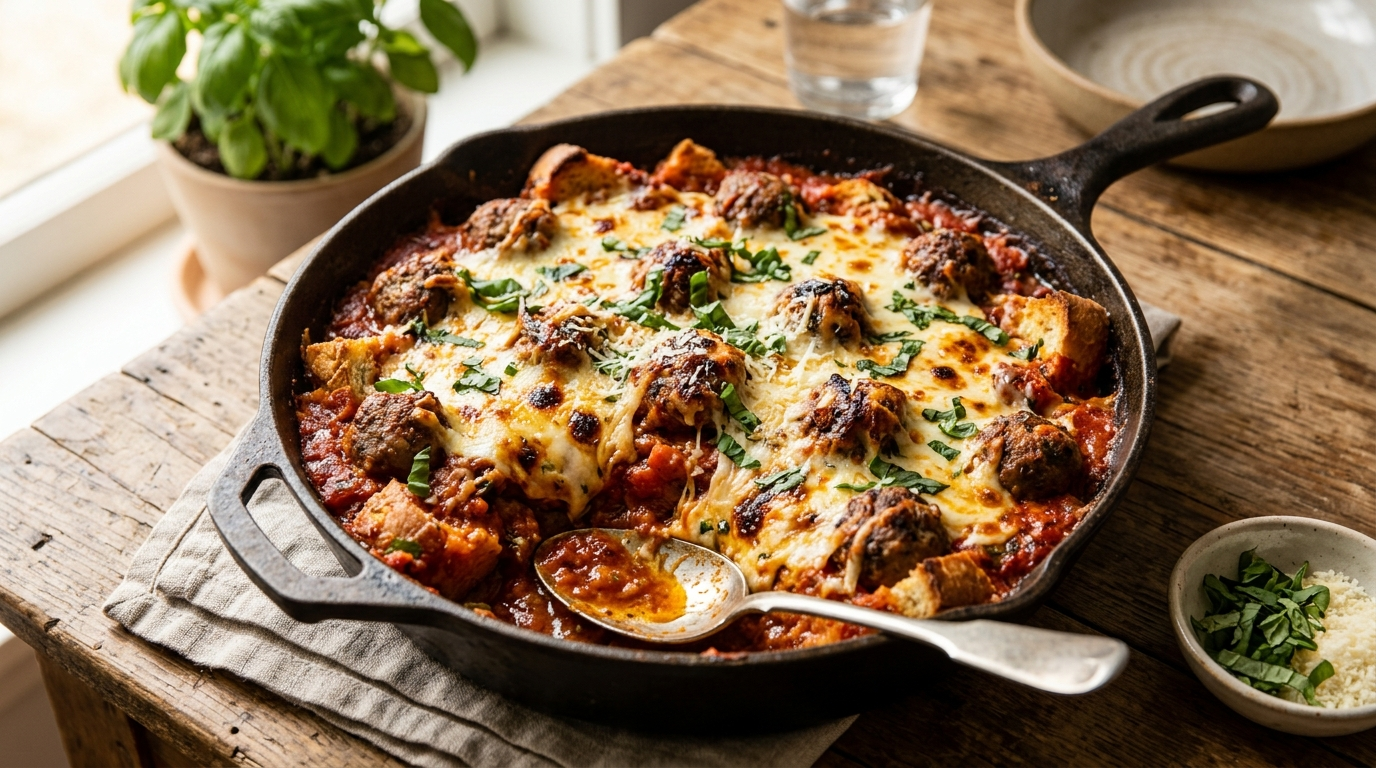 20-minute one-pan meatball sub casserole with frozen meatballs, jarred marinara,
