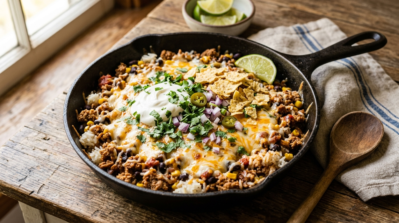 20-minute one-pan cheesy taco rice skillet with ground turkey, jarred salsa,