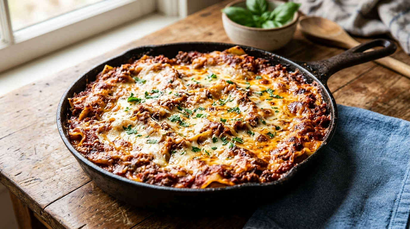 25-minute one-pan skillet lasagna with no-boil noodles, jarred marinara,