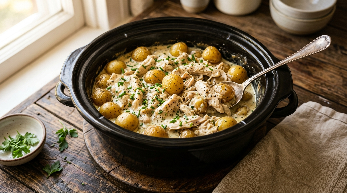 Slow cooker filled with creamy ranch chicken and golden baby potatoes, wooden