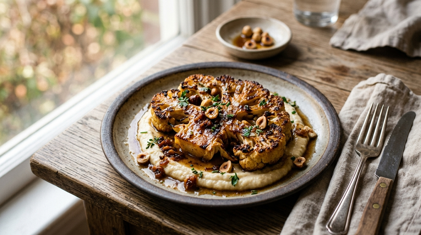 the Art of the Roast Why the Brown Butter Cauliflower Steak Is the Ultimate Visual Sanctuary in a skillet on a rustic wooden table, natural daylight