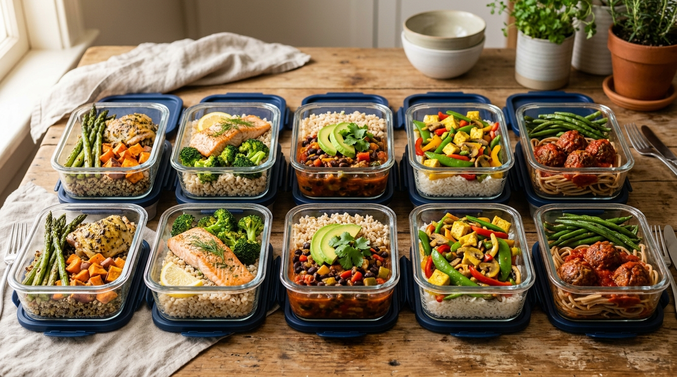 Overhead collage showing meal prep containers with five different dinners for the week